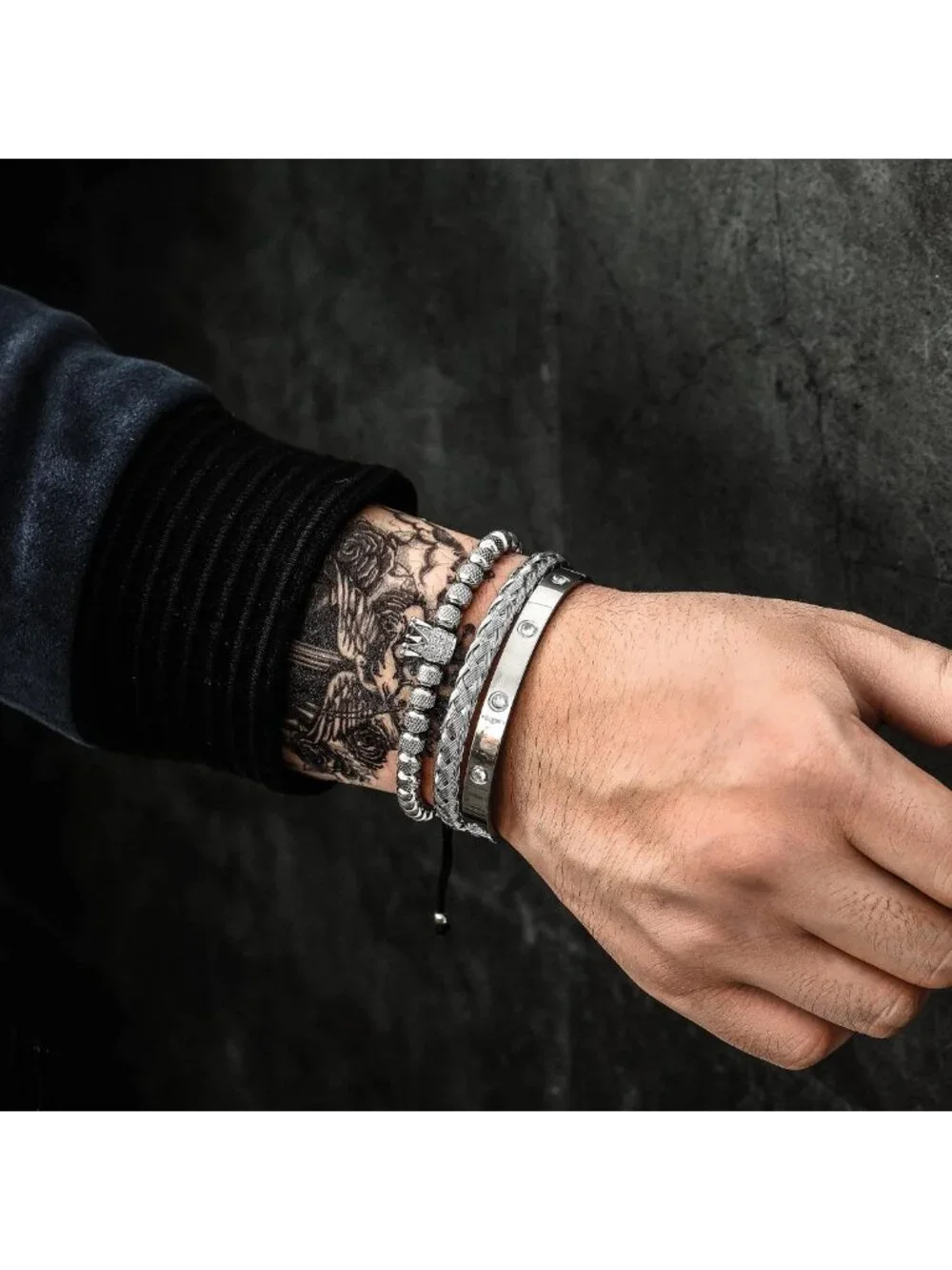 3PCS Gold Stainless Steel Crown Bracelets for Men - Adjustable Roman Numeral